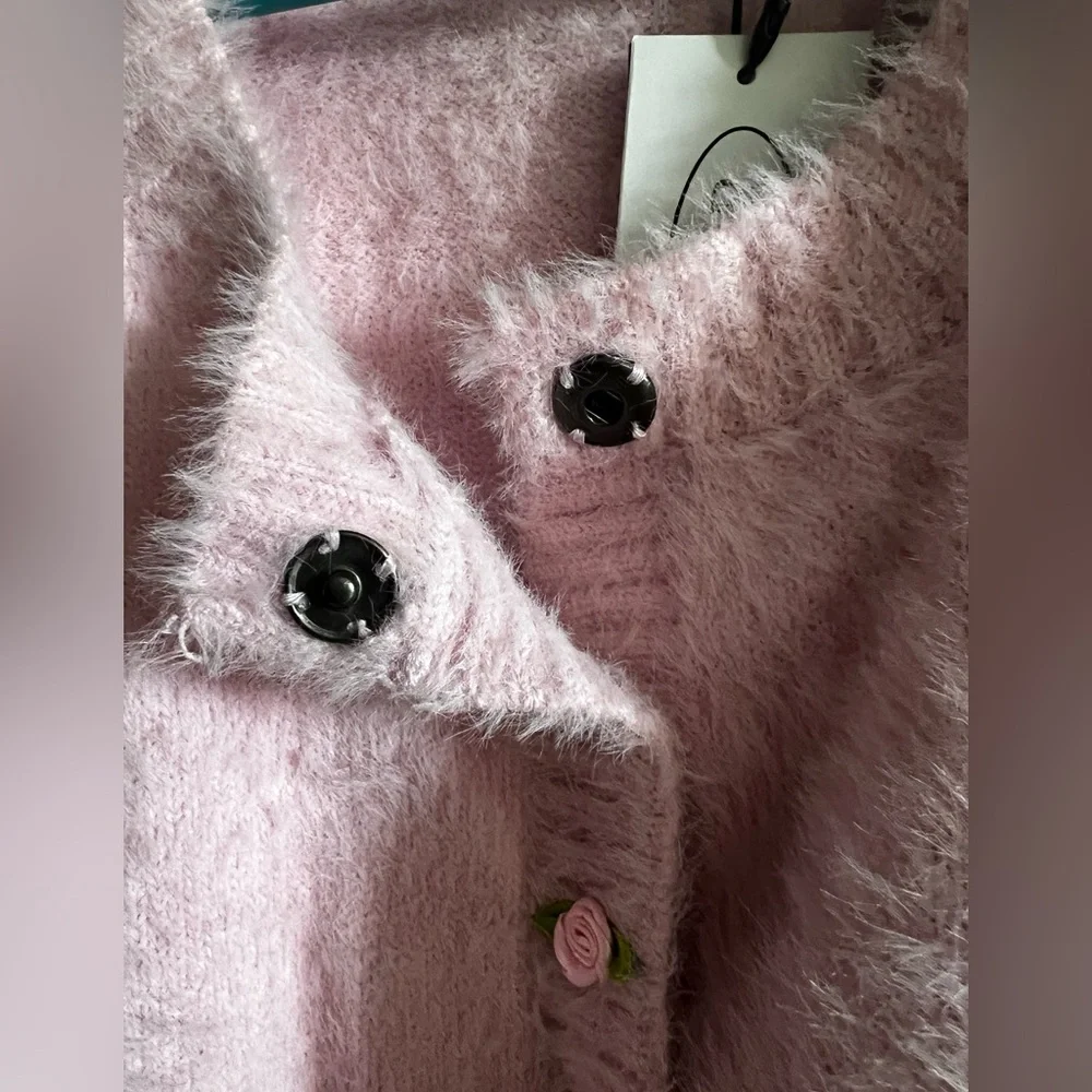 Cider Fuzzy 90s Rose Button Crop Sweater - Picture 3 of 6